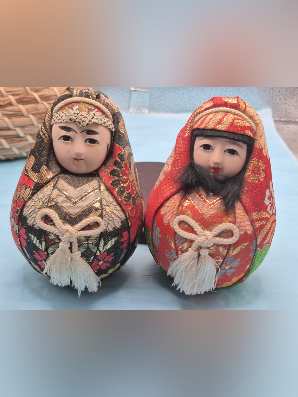 Vintage Japanese Folk Art Wedding Dolls Roly Poly Hime Daruma Doll Pair